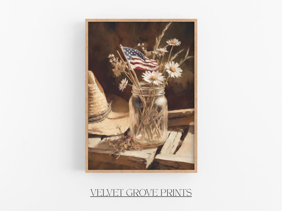 Daisies in Mason Jar With Small American Flag Rustic Summer Print