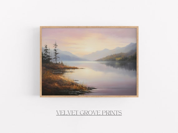Misty Lake Oil Painting Vintage Rustic Nature Print