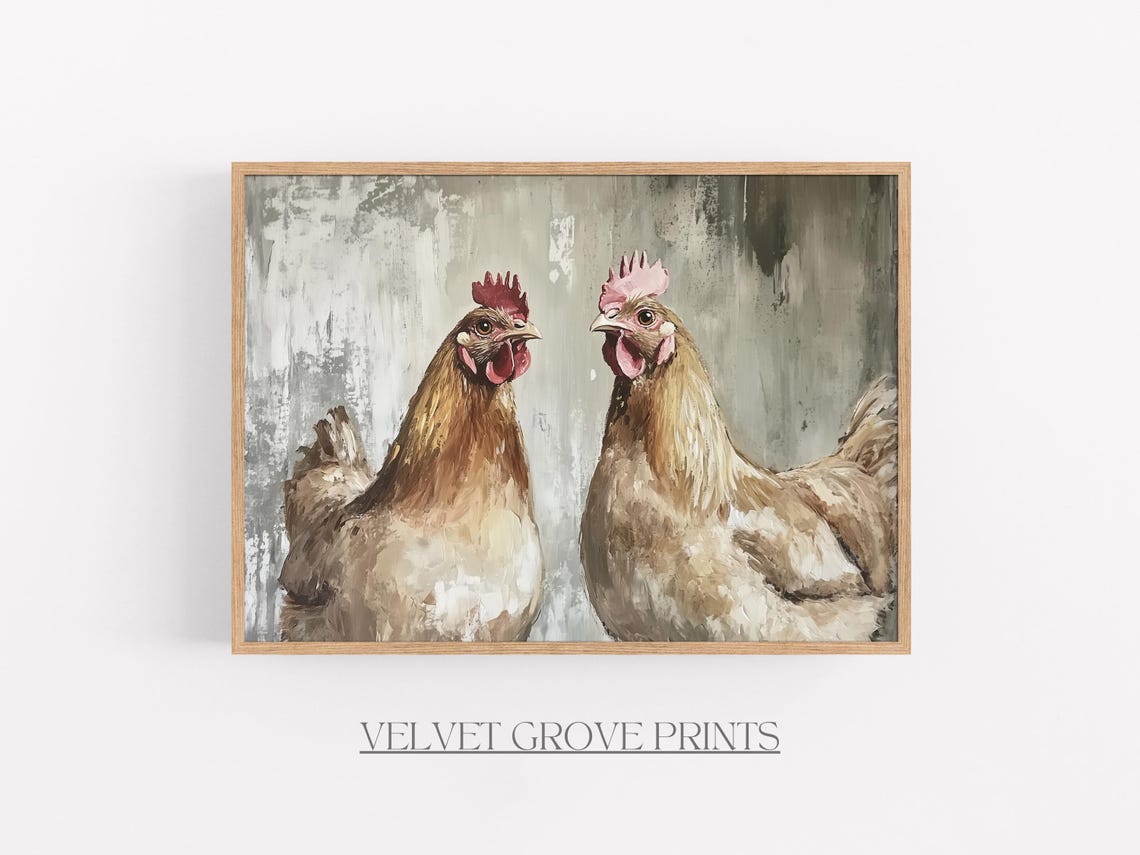 Two Brown Chickens Facing Each Other Vintage Farmhouse Art Print