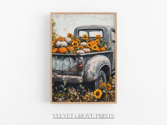 Vintage Autumn Truck Oil Painting Pumpkin Sunflower Print