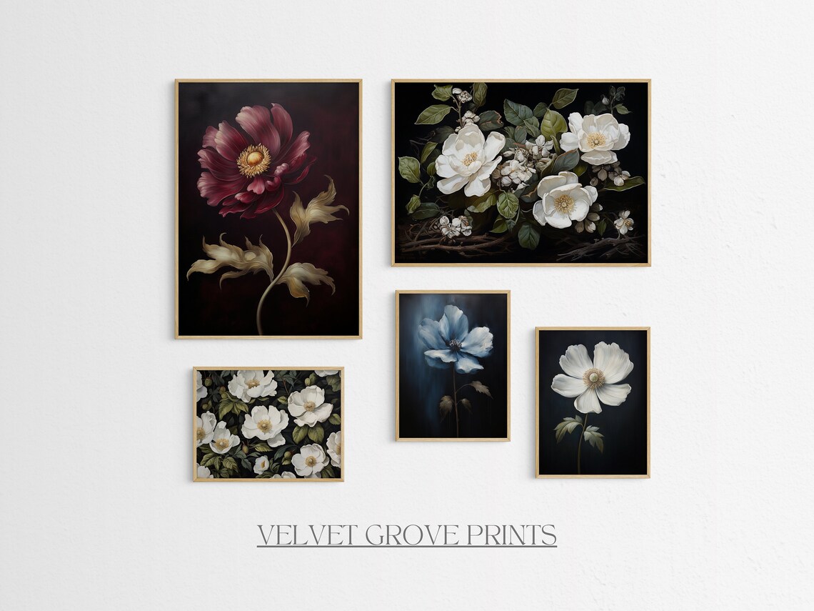 Moody Floral Gallery Wall Set Of Five Dark Botanical Art Poster