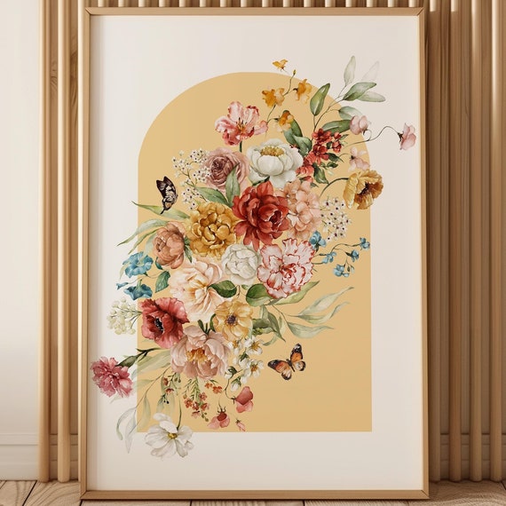 Floral Arch Print Boho Botanical Art Yellow Pastel Decor Butterfly And Flower Home Decor Floral Nursery Decor Trendy Decor Dup3