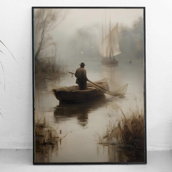 Misty River Fisherman Print Moody Landscape Art Rustic Boat Painting Vintage Seascape Neutral Tone Wall Decor
