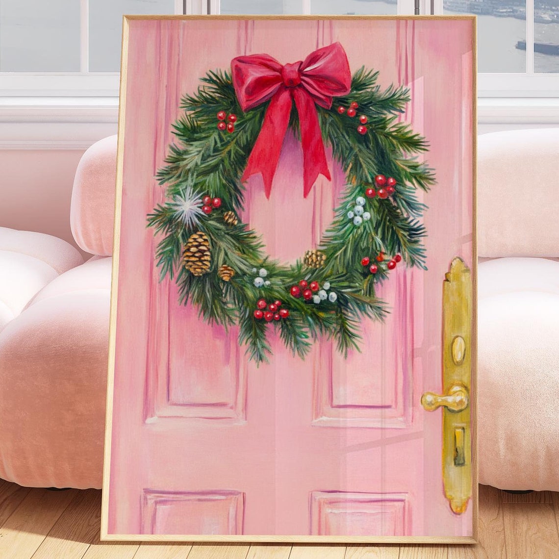 Christmas Wreath Pink Door Feminine Christmas Print Pink Christmas Decor Christmas Wreath Print Christmas Wall Art Farmhouse Christmas