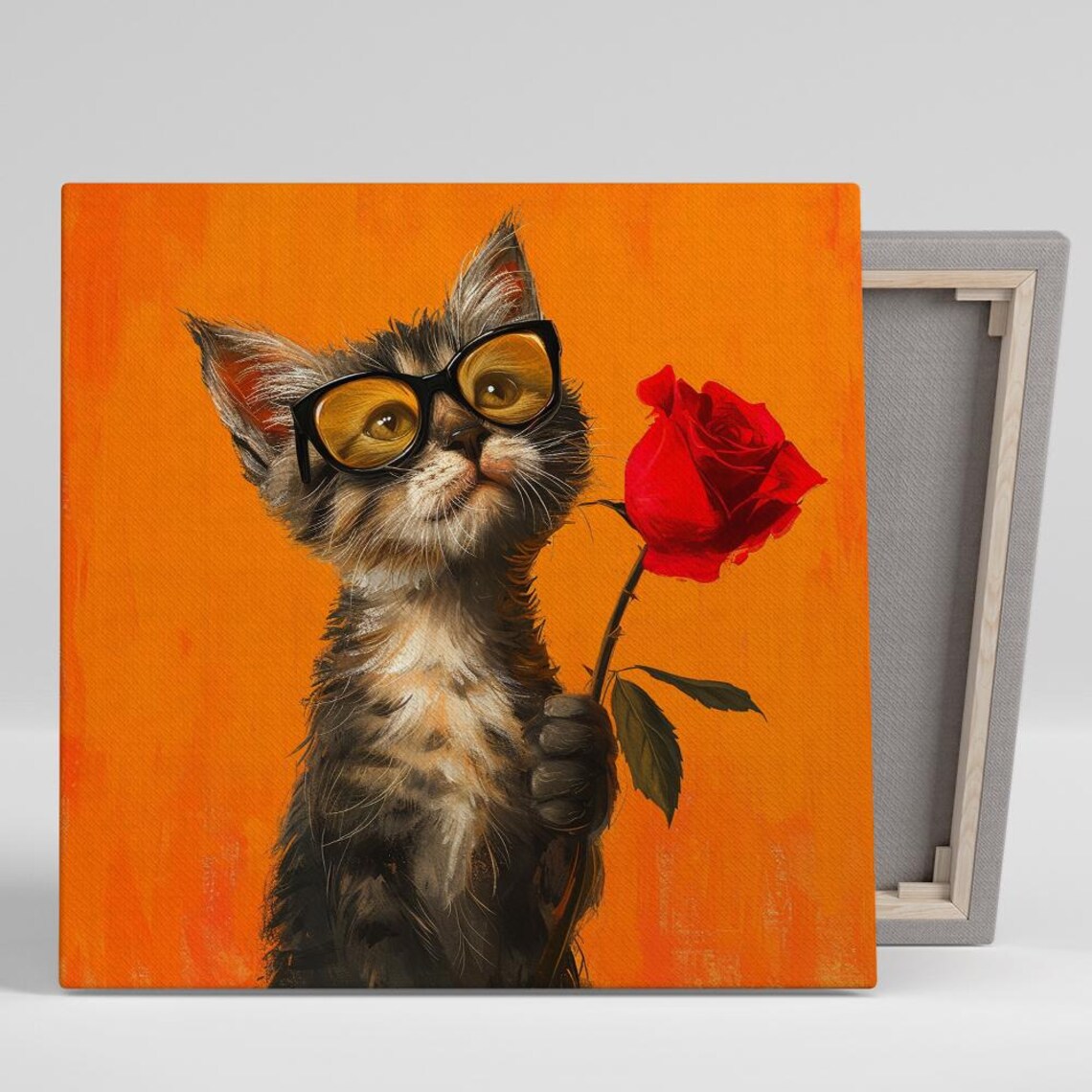Tabby Kitten with Glasses Holding Red Rose Whimsical Animal Art Print