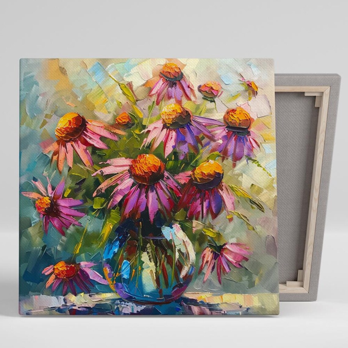 Pink Purple Echinacea Blossoms Impasto Oil Painting Floral Poster