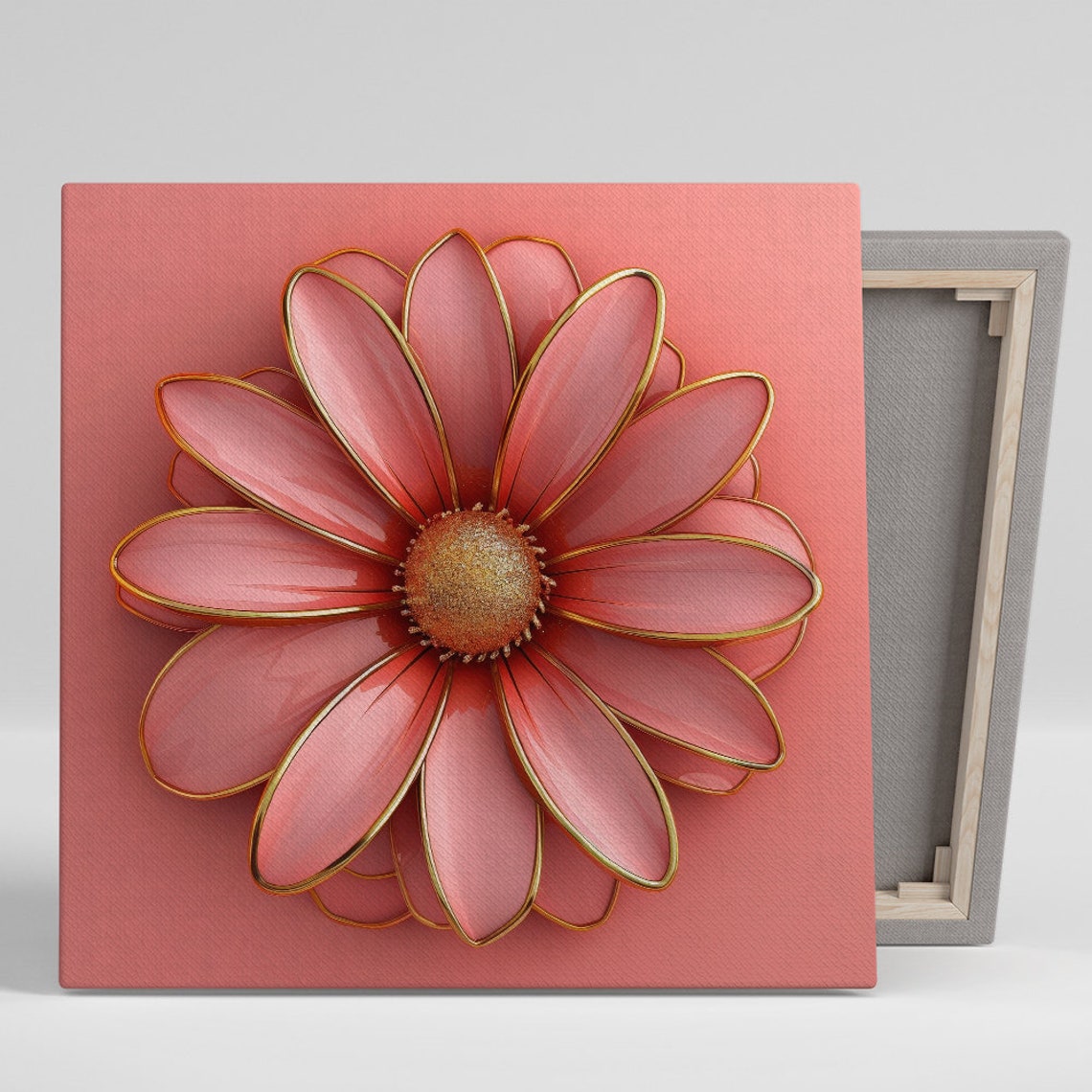 Pink Daisy Gold Trim 3D Bloom on Rose Pink Glam Floral Wall Art Poster