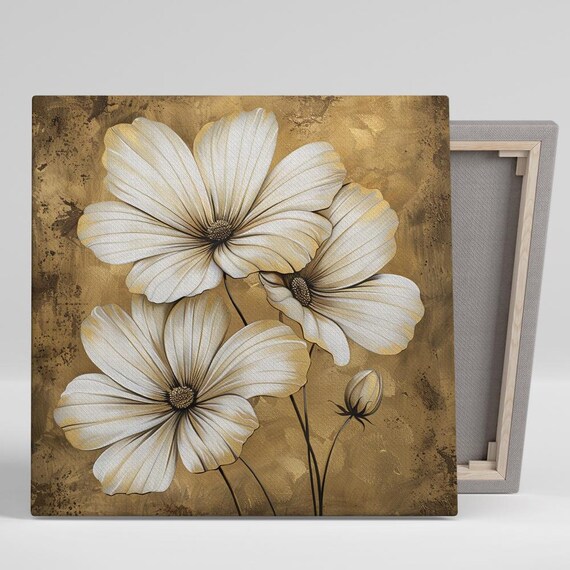 White Cosmos Flowers Golden Bronze Background Elegant Floral Art Poster