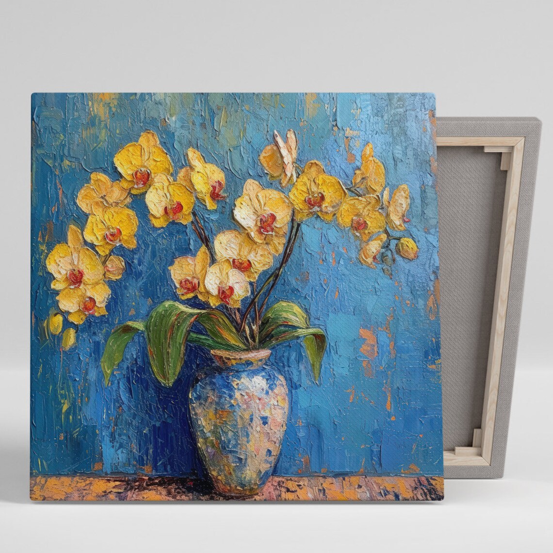 Yellow Orchid Bloom Impasto Oil Painting Blue Vase Textured Art Poster