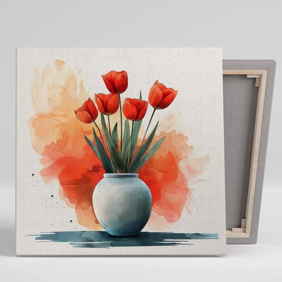 Vibrant Red Tulips Watercolor Vase Splash Orange Wash Floral Wall Art