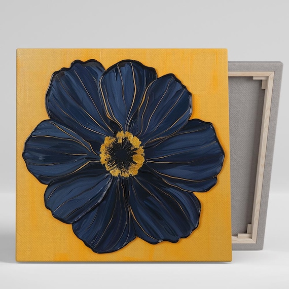Midnight Blue Cosmos Gold Veins Mustard Yellow Dramatic Floral Poster