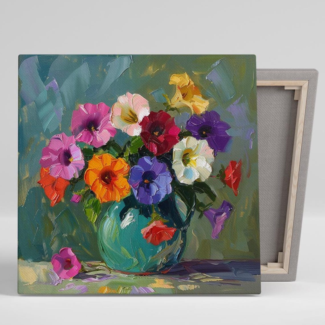 Colorful Pansy Bouquet in Teal Vase Impressionist Floral Wall Art