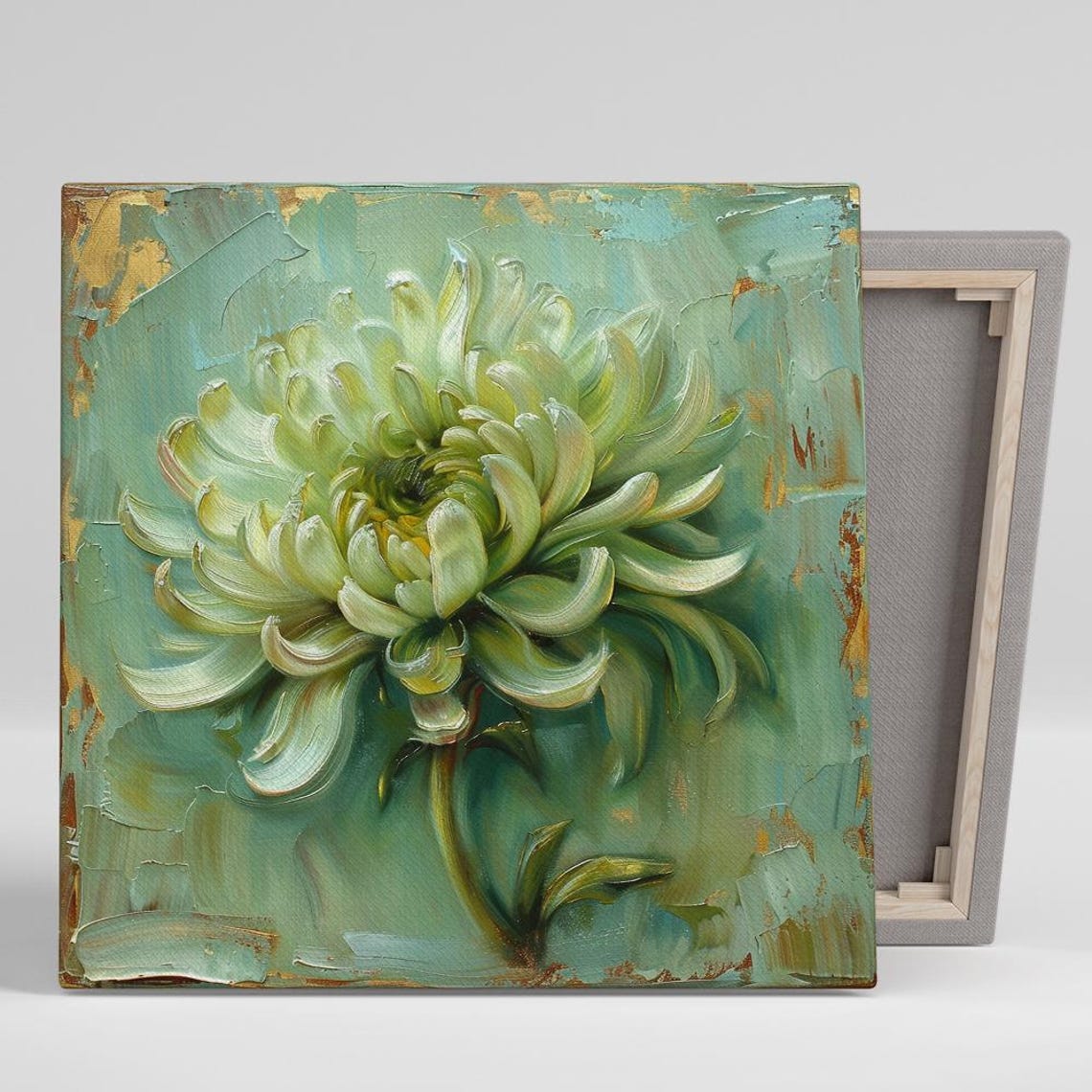 Sage Green Chrysanthemum Impasto Rustic Teal Floral Art Print