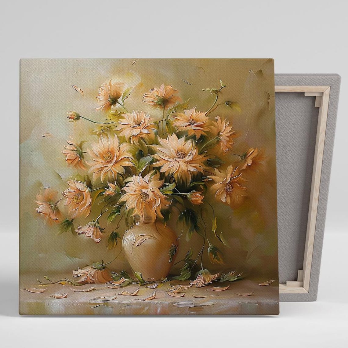 Peach Daisy Bouquet Impressionist Oil Painting Warm Floral Poster