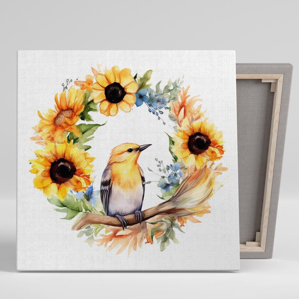 Yellow Bird Sunflower Wreath Watercolor Botanical Garden Art Poster