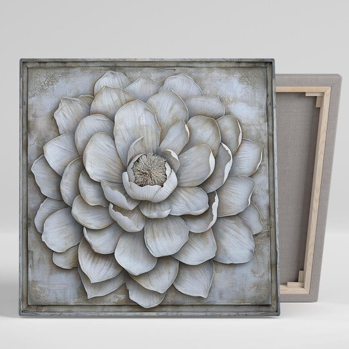 Stone Relief Peony Sculpture Wall Art Neutral Grey Floral Print
