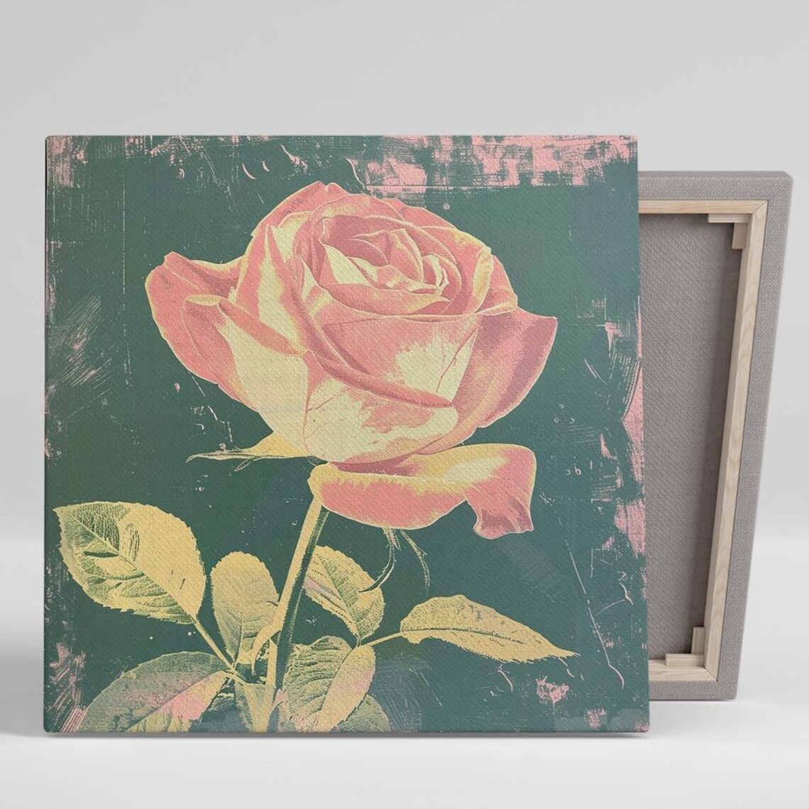 Pink Yellow Rose Vintage Grunge Dark Green Edgy Botanical Wall Poster