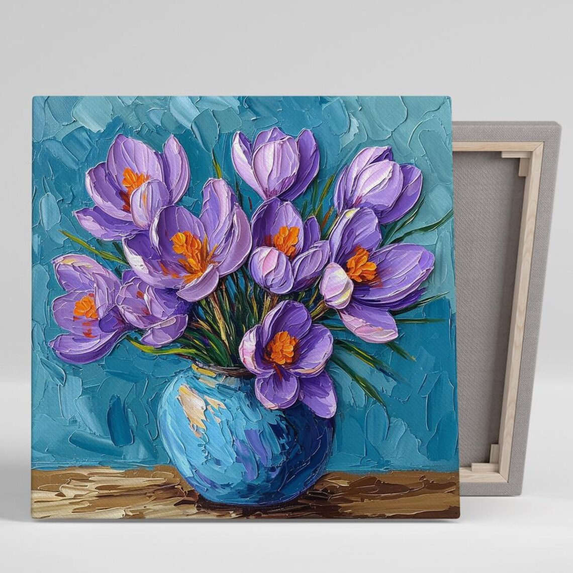 Vibrant Purple Crocus Bouquet Blue Vase Impasto Teal Floral Art Poster