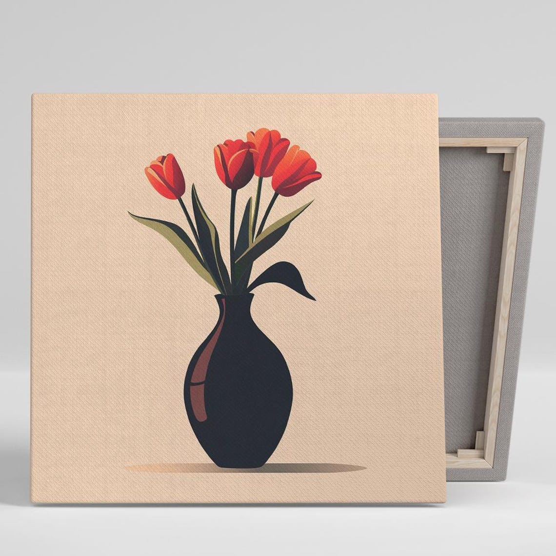Red Tulips Black Vase Minimalist Vector Illustration Floral Poster