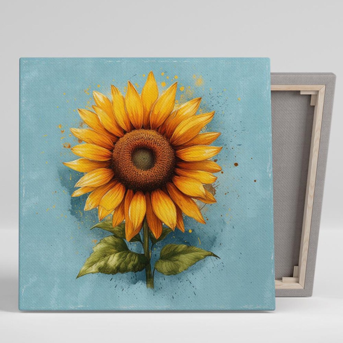Large Yellow Sunflower Bloom Watercolor Blue Background Art Poster