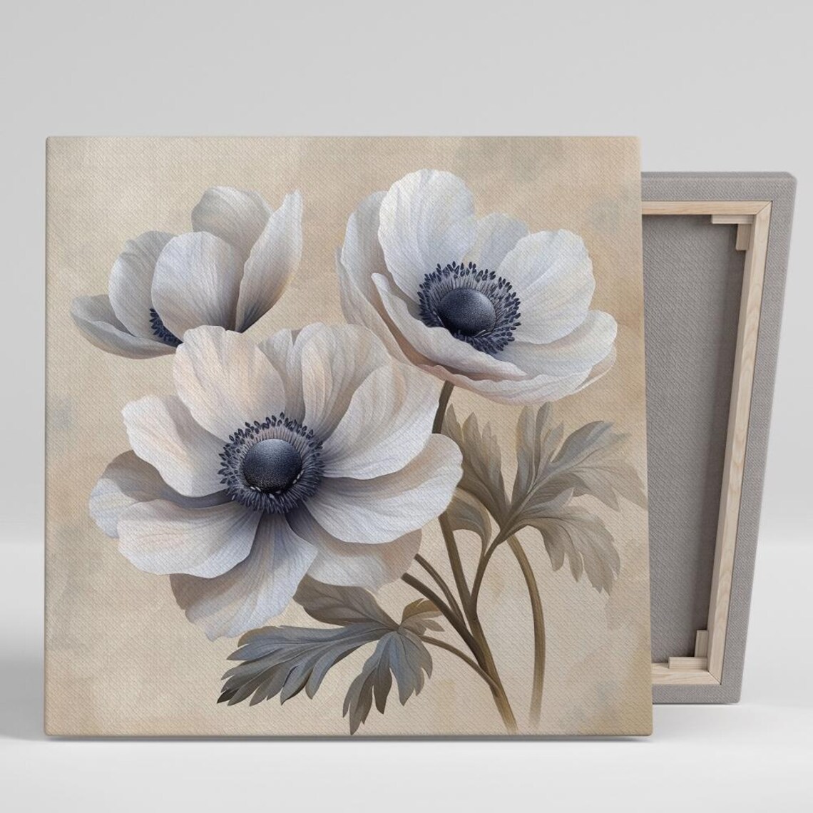White Anemone Flowers Watercolor Painting Beige Botanical Poster