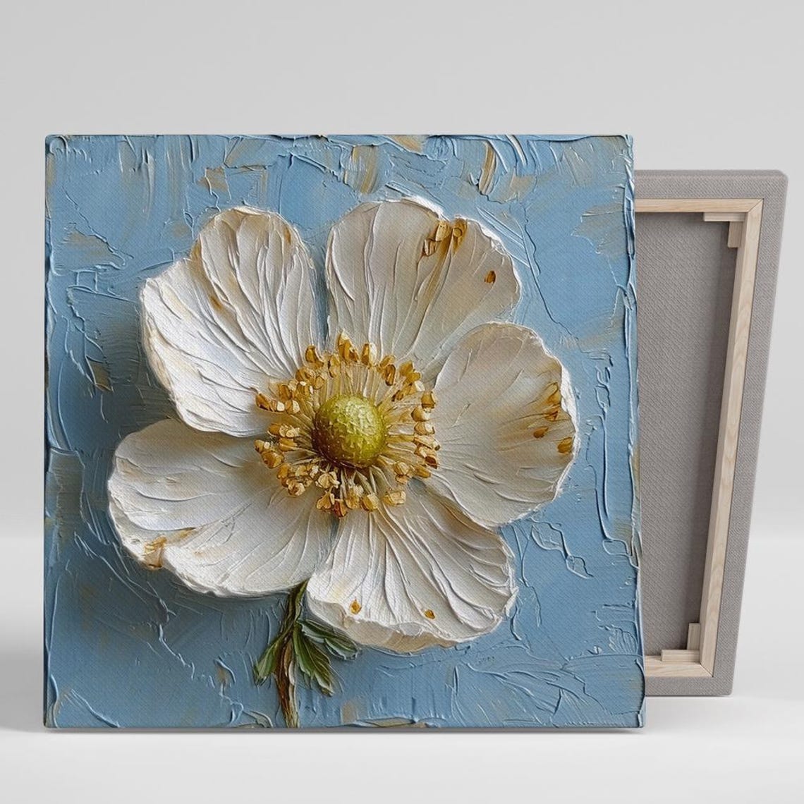 White Anemone Gold Stamens Impasto Light Blue Textured Floral Poster