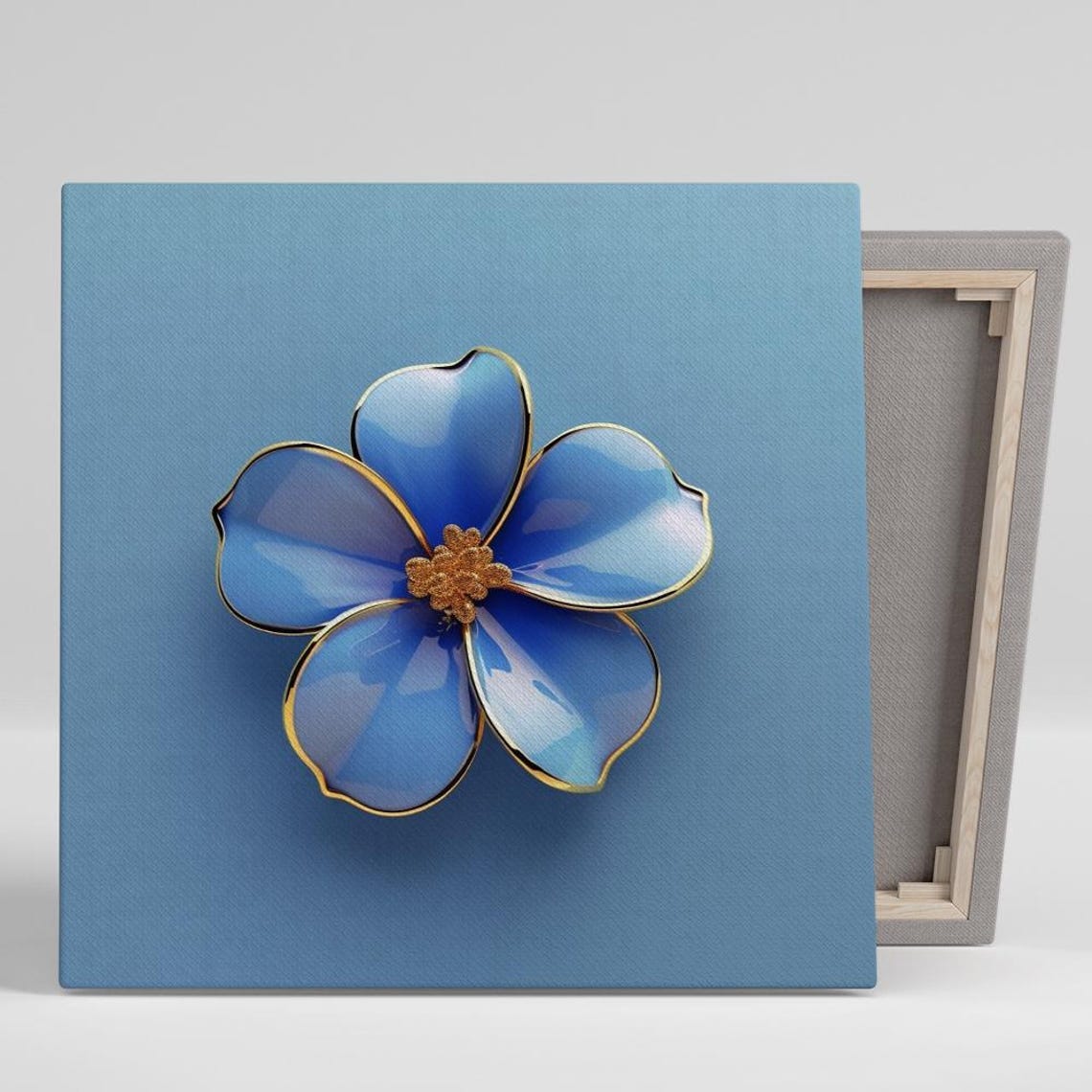 Blue Floral Bloom with Gold Trim Glam Minimalist Botanical Art Print