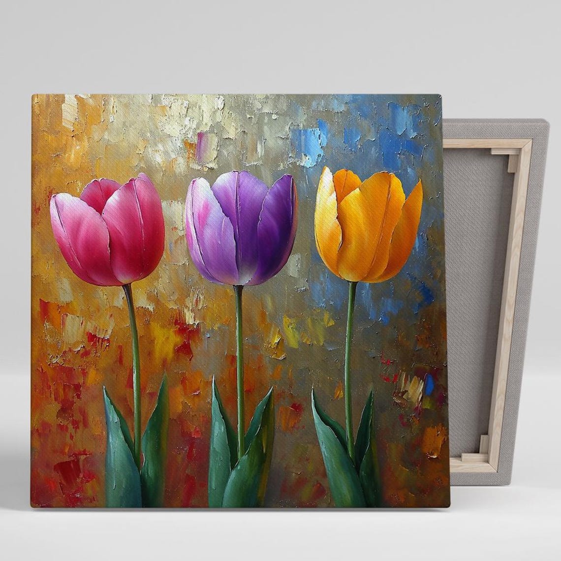 Pink Purple Orange Tulip Trio Vibrant Impasto Modern Floral Print
