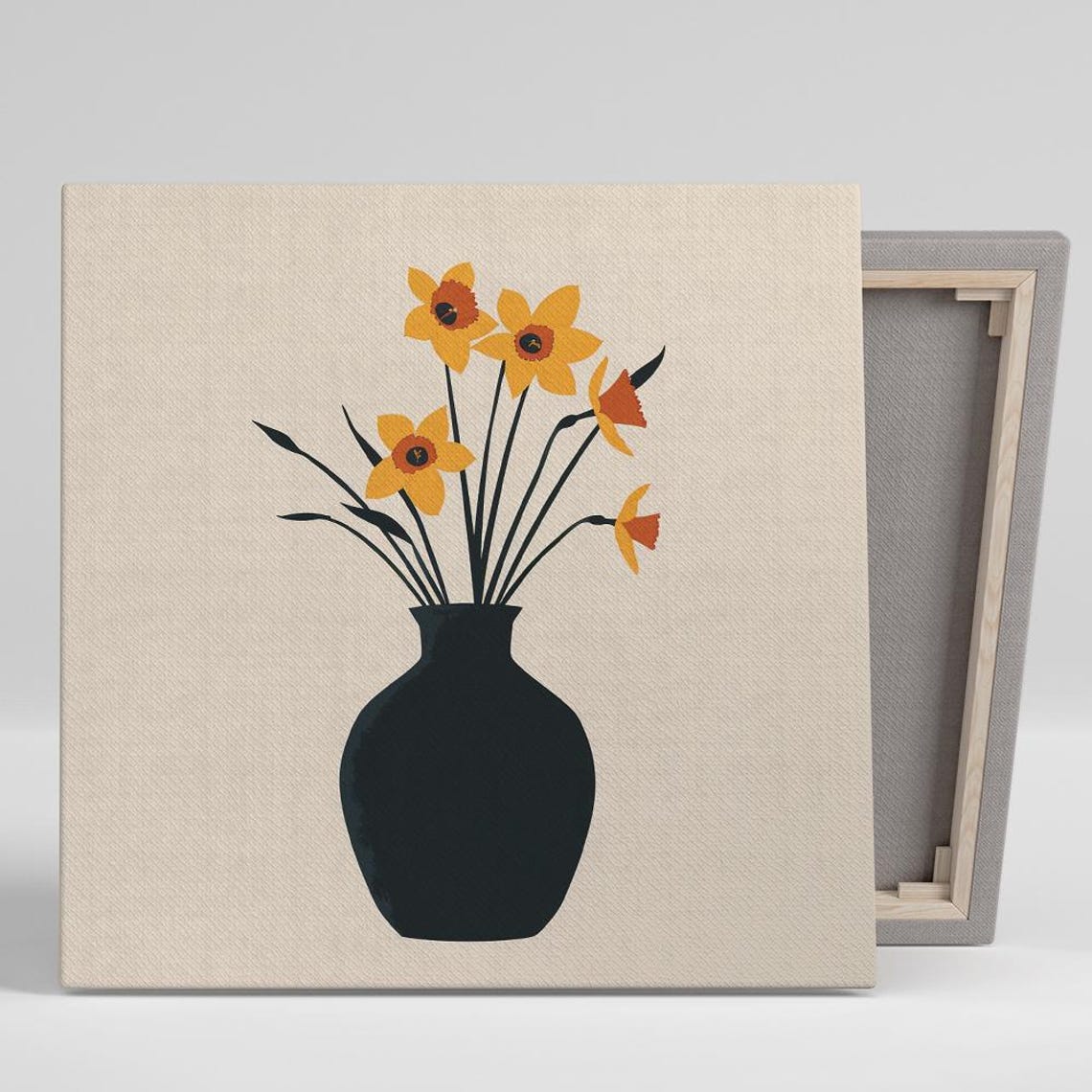Yellow Daffodil Spring Blooms Black Vase Minimalist Beige Art Poster