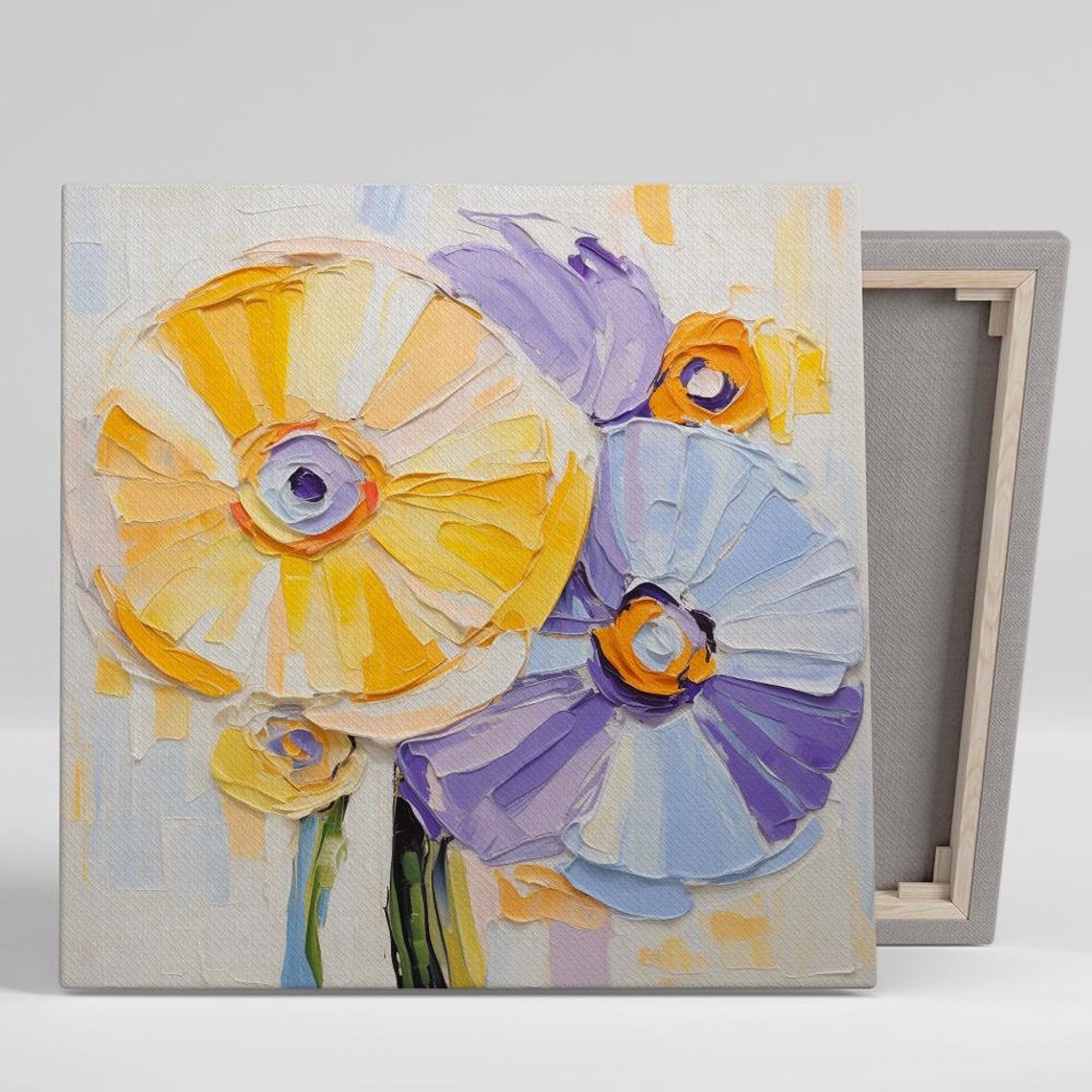Abstract Daisy Blooms Yellow Blue Purple Palette Knife Art Poster