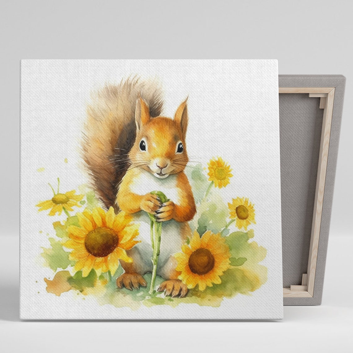 Watercolor Red Squirrel Among Sunflowers Whimsical Nursery Wall Art