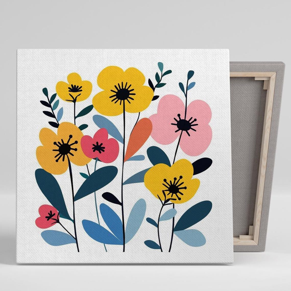 Yellow Pink Poppy Blossoms Minimalist Flat Floral Art Poster