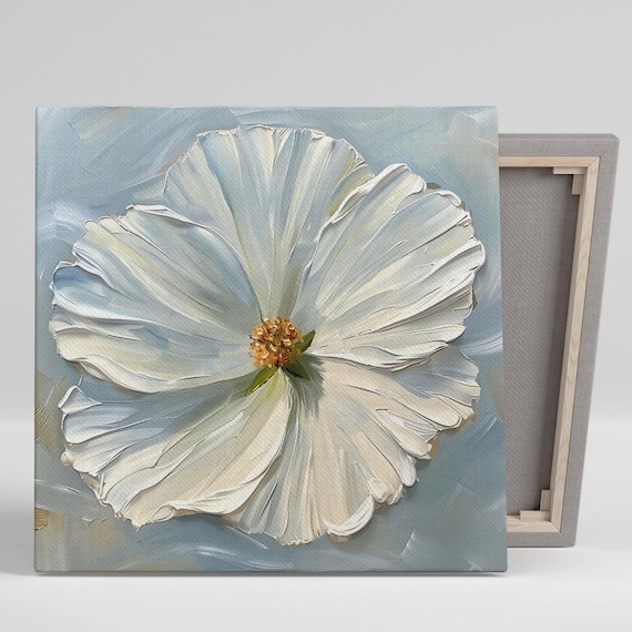 White Cosmos Flower Impasto Minimalist Neutral Floral Art Wall Poster