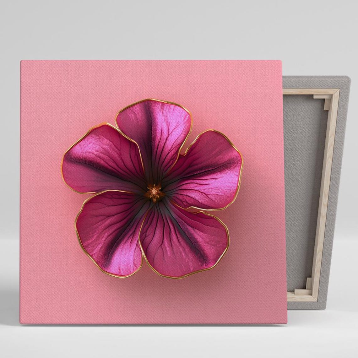 Fuchsia Pink Hibiscus Gold Edge Glam 3D Floral Wall Art Poster
