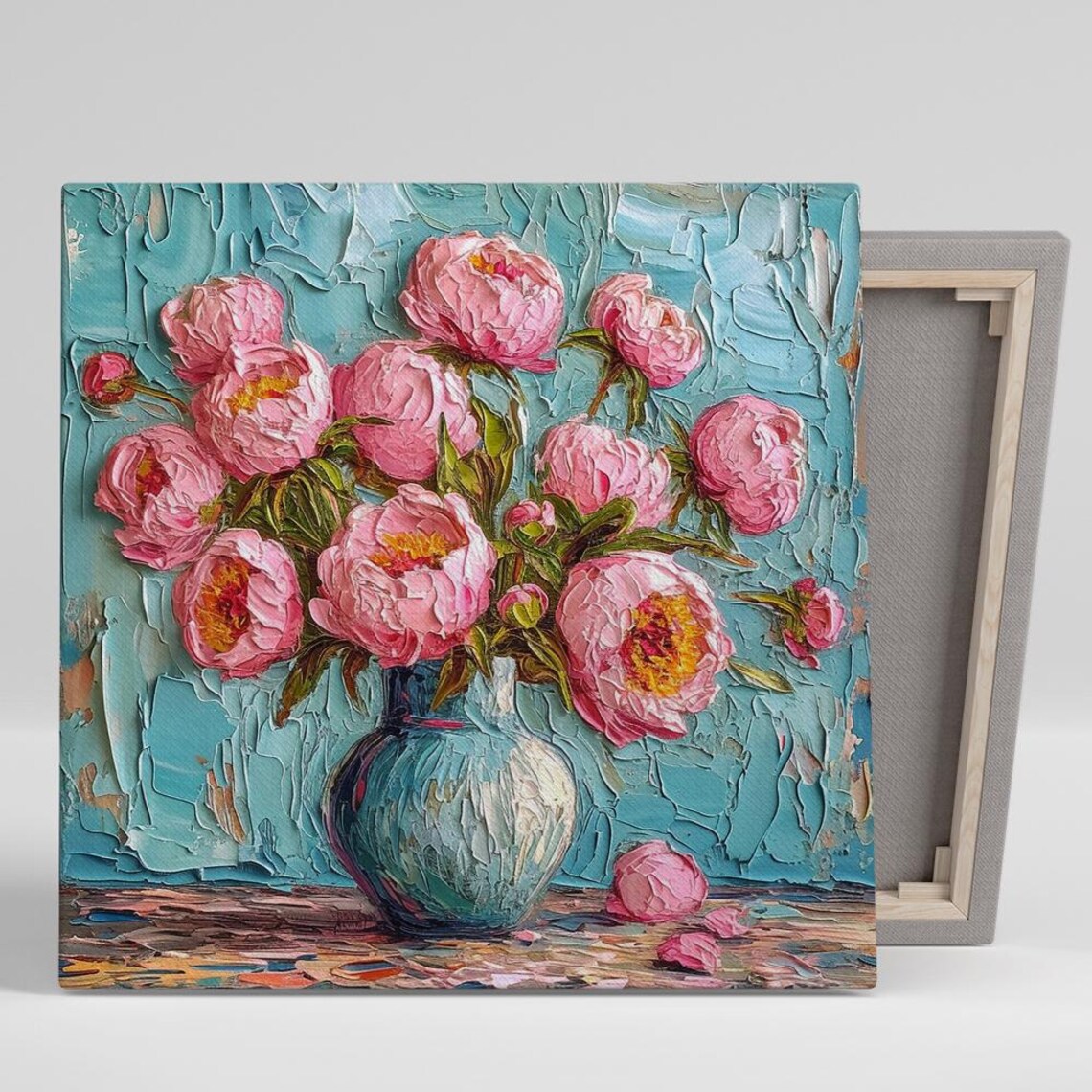 Pink Peony Impasto Textured Oil Painting Blue Vase Floral Poster