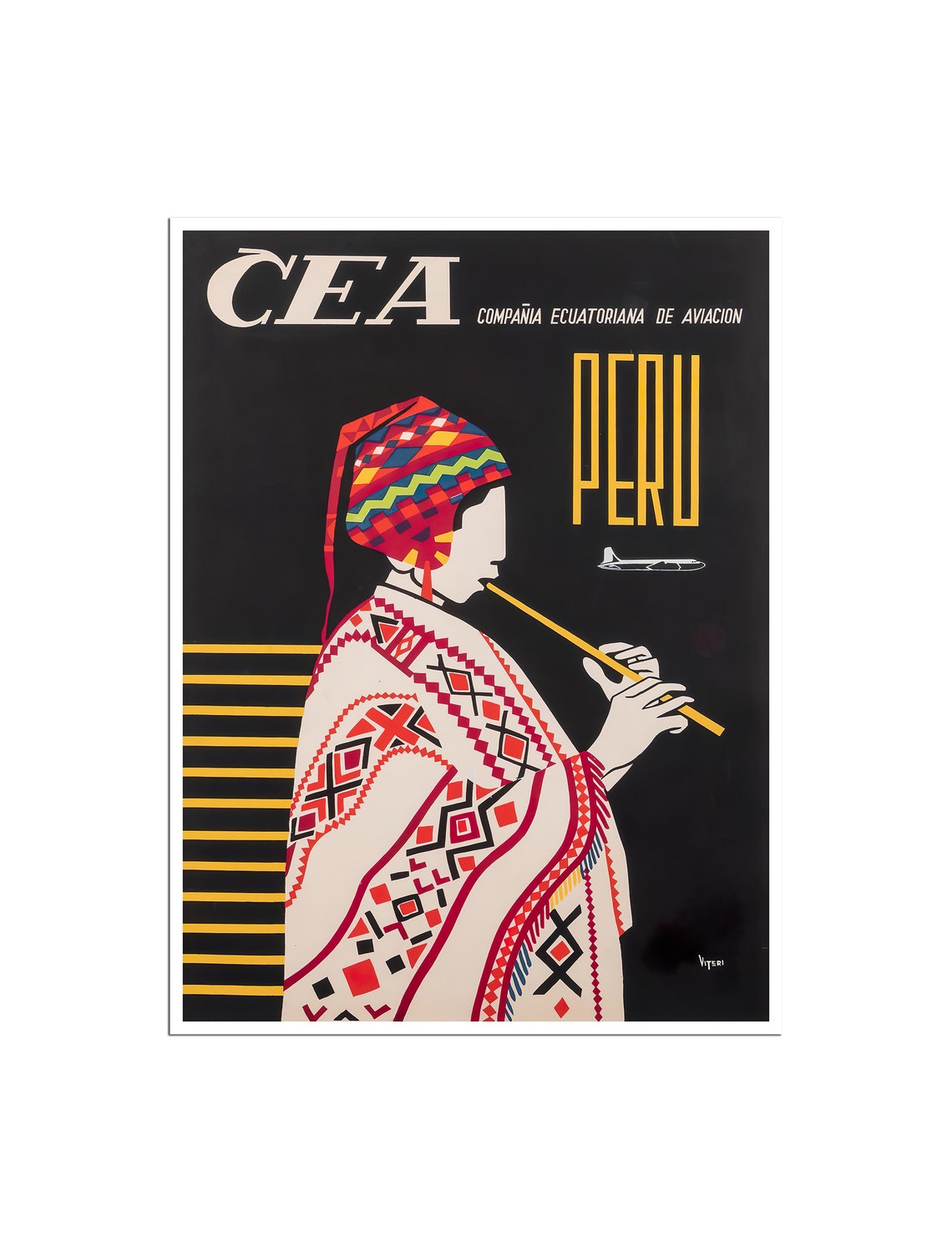 Peru CEA Airline Andean Flute Player Folk Vintage Travel Poster Art