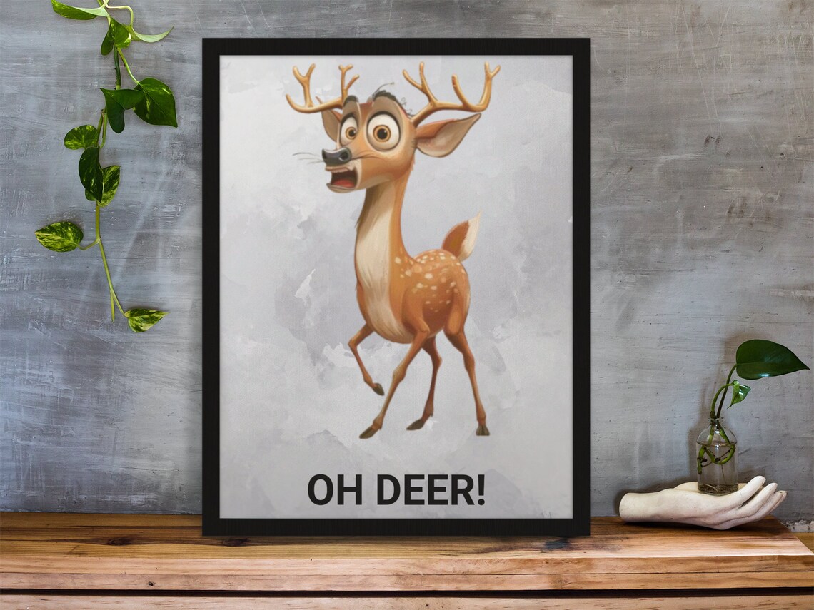 Oh Deer Funny Cartoon Deer Pun Poster Cute Woodland Animal Nursery Decor - Image 2