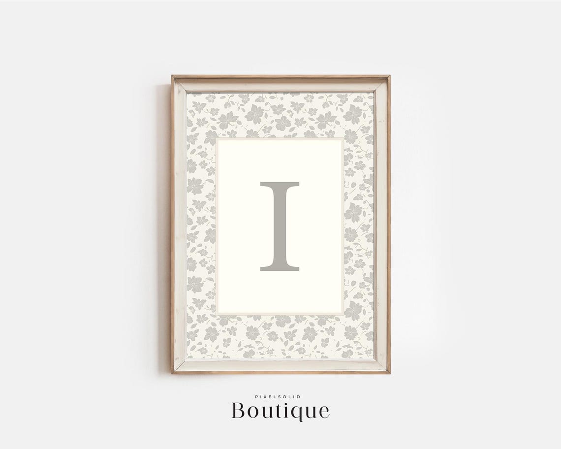 Elegant Floral Monogram Letter I Neutral Gray Nursery Initial Print