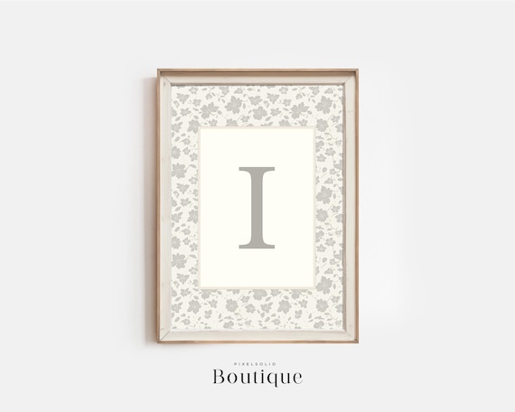 Elegant Floral Monogram Letter I Neutral Gray Nursery Initial Print