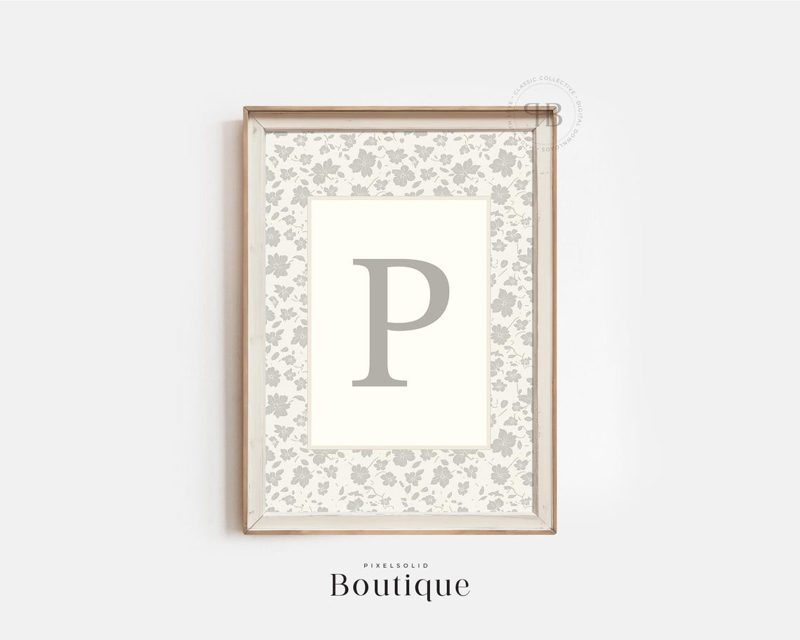 Elegant Gray Floral Monogram Letter P Initial Nursery Art Print