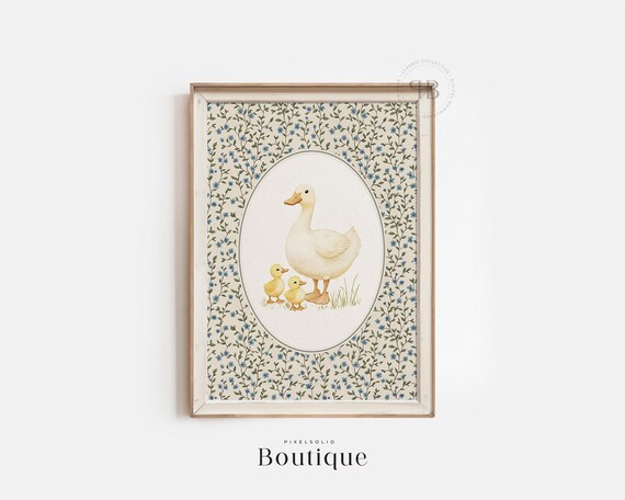 Mother Duck Ducklings Nursery Art Print Baby Animal Wall Decor Kids Room Country Farm Style Vintage No710