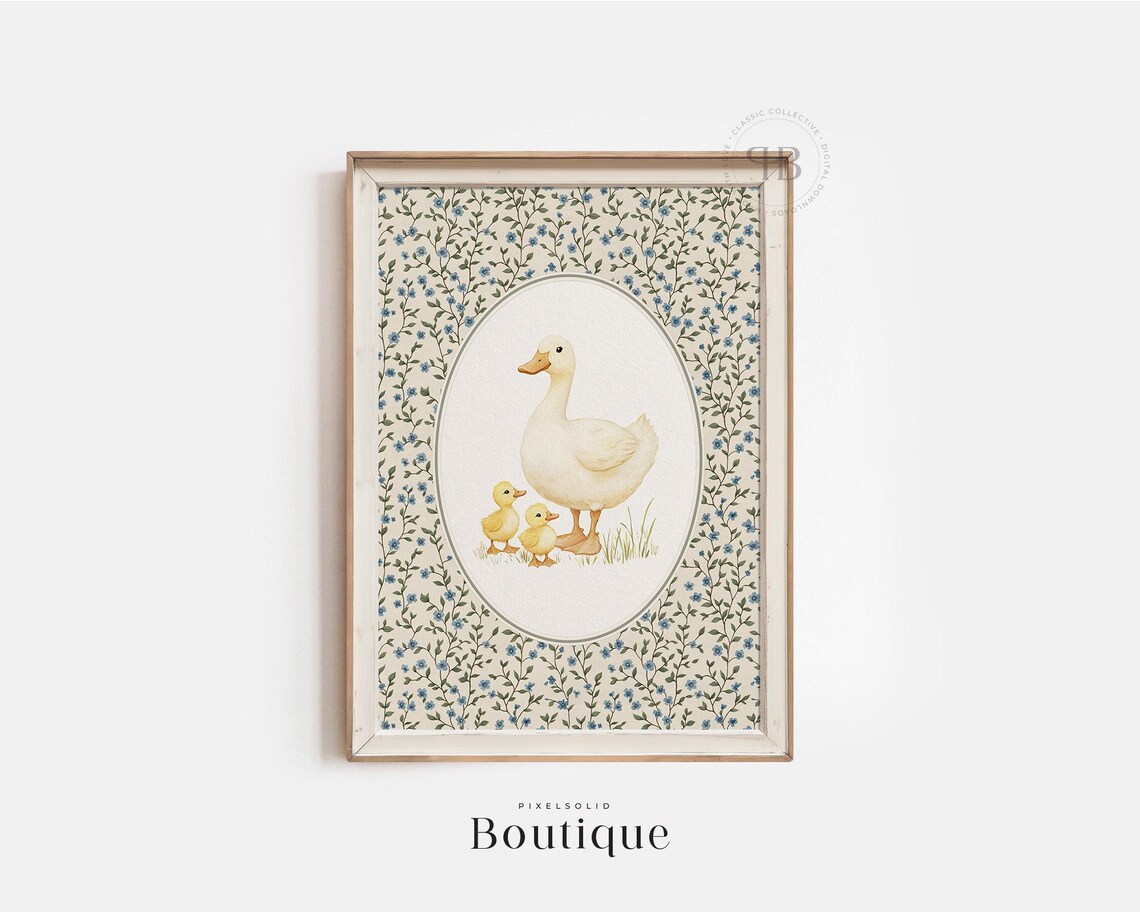 Mother Duck Ducklings Nursery Art Print Baby Animal Wall Decor Kids Room Country Farm Style Vintage No710