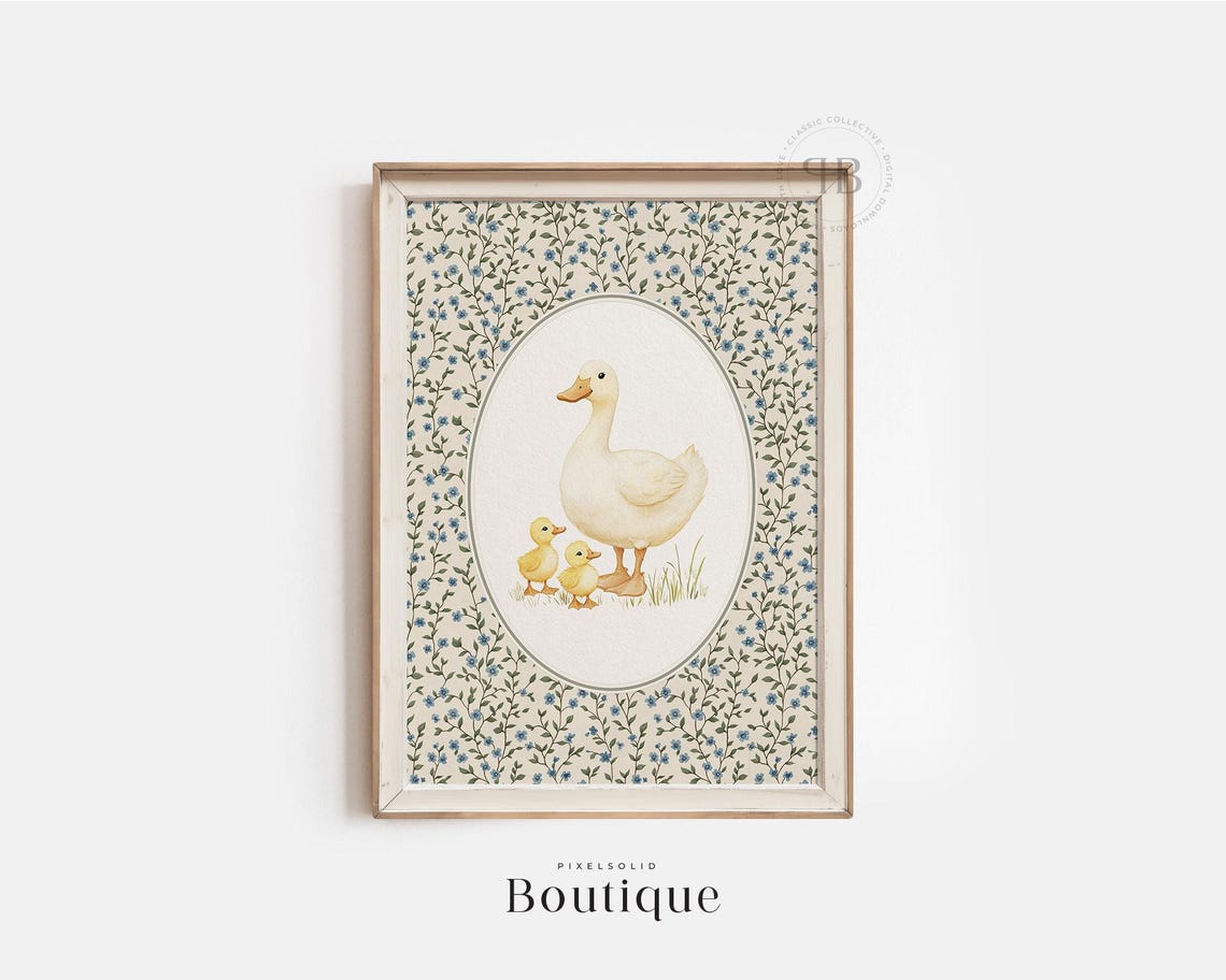 Mother Duck with Ducklings Floral Oval Vintage Nursery Art Poster