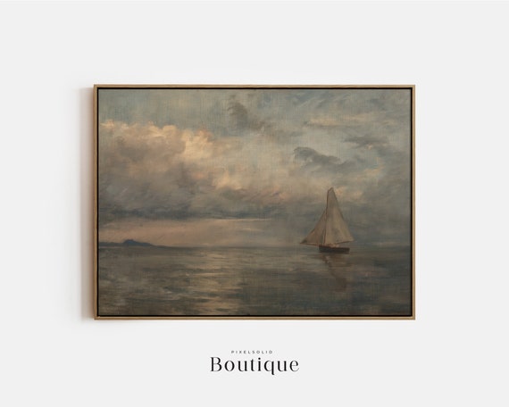 Muted Sailboat Ocean Oil Painting Calming Moody Seascape Print Nautical Coastal Decor No378