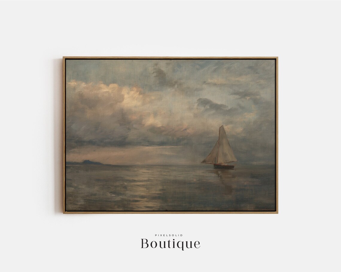 Muted Sailboat Seascape Moody Nautical Oil Painting Coastal Poster