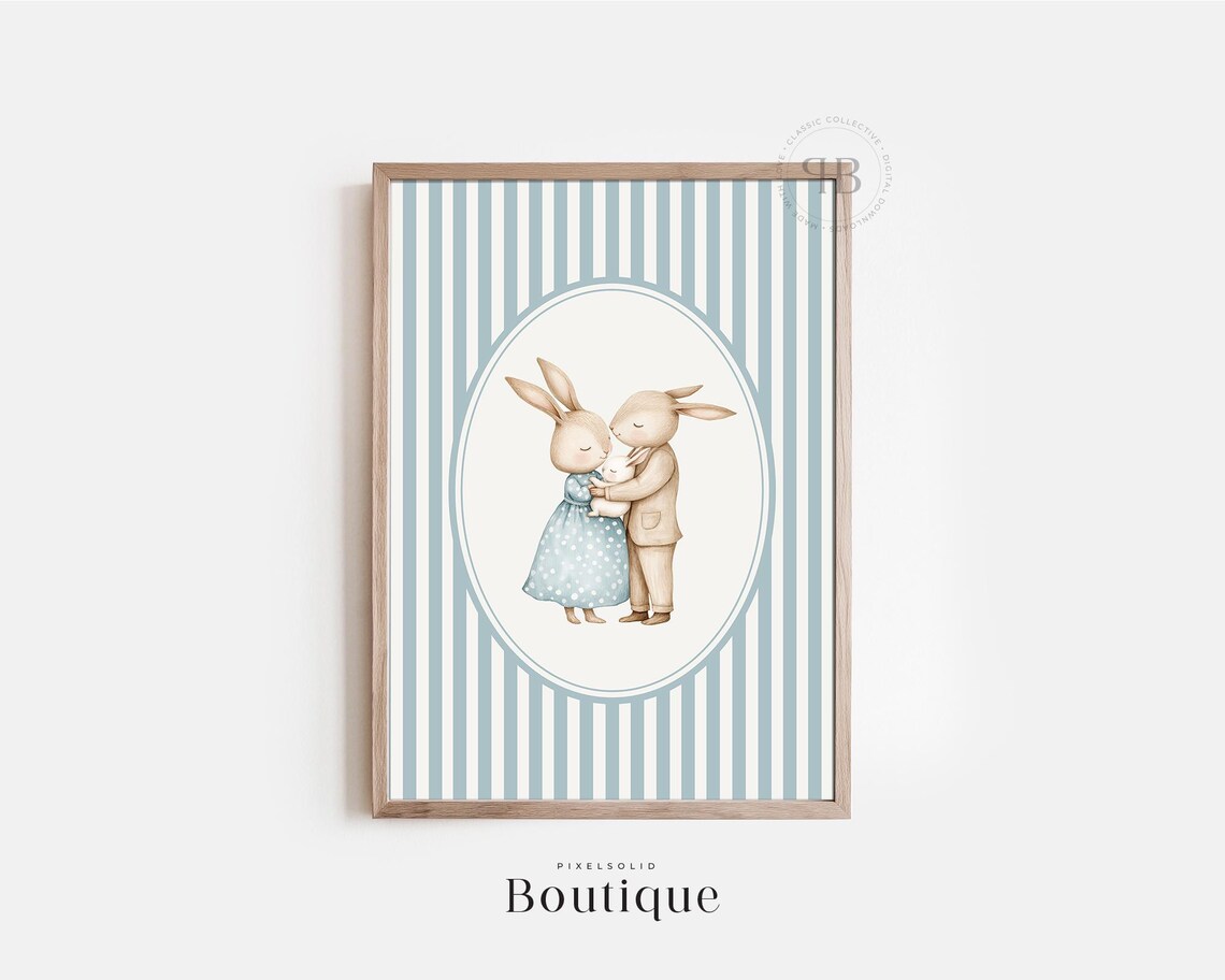 Rabbit Family Hugging Blue Striped Nursery Watercolor Art Print