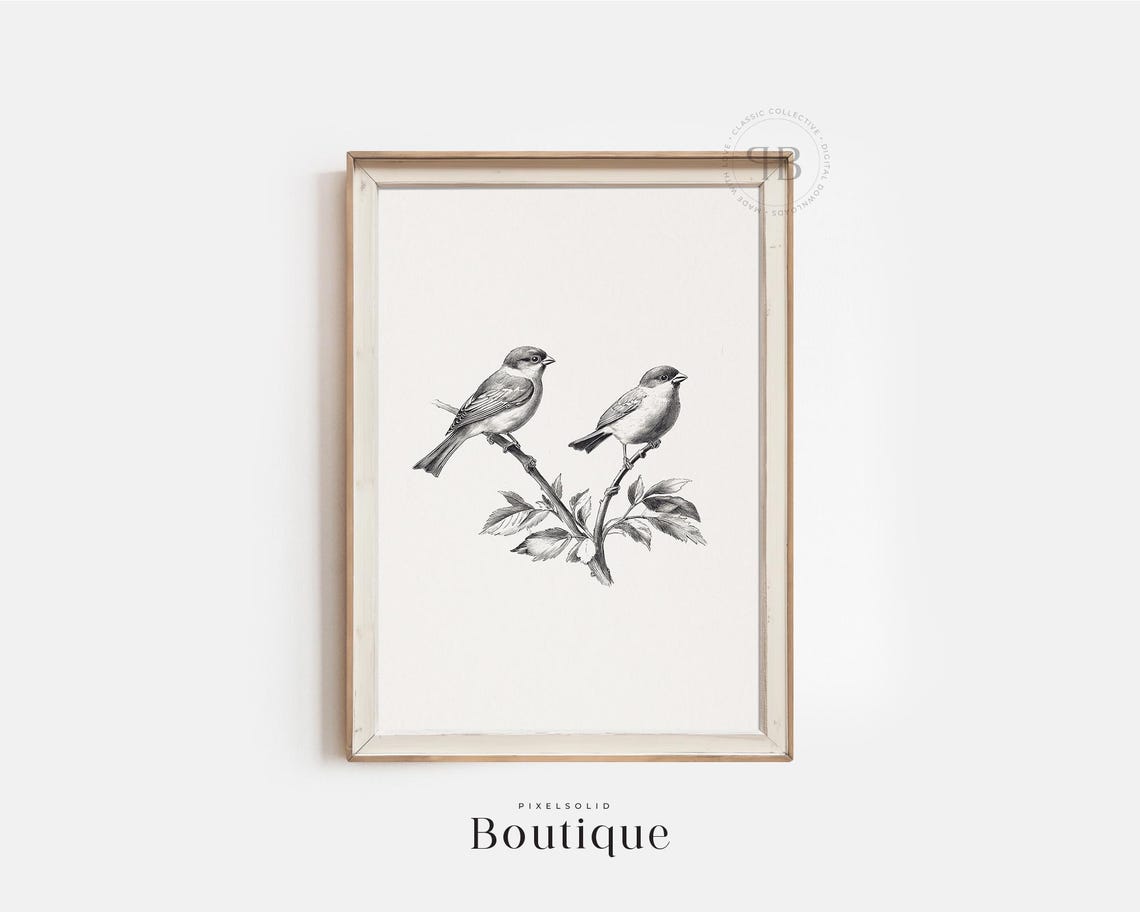 Two Sparrows on a Branch Vintage Bird Engraving Neutral Art Print