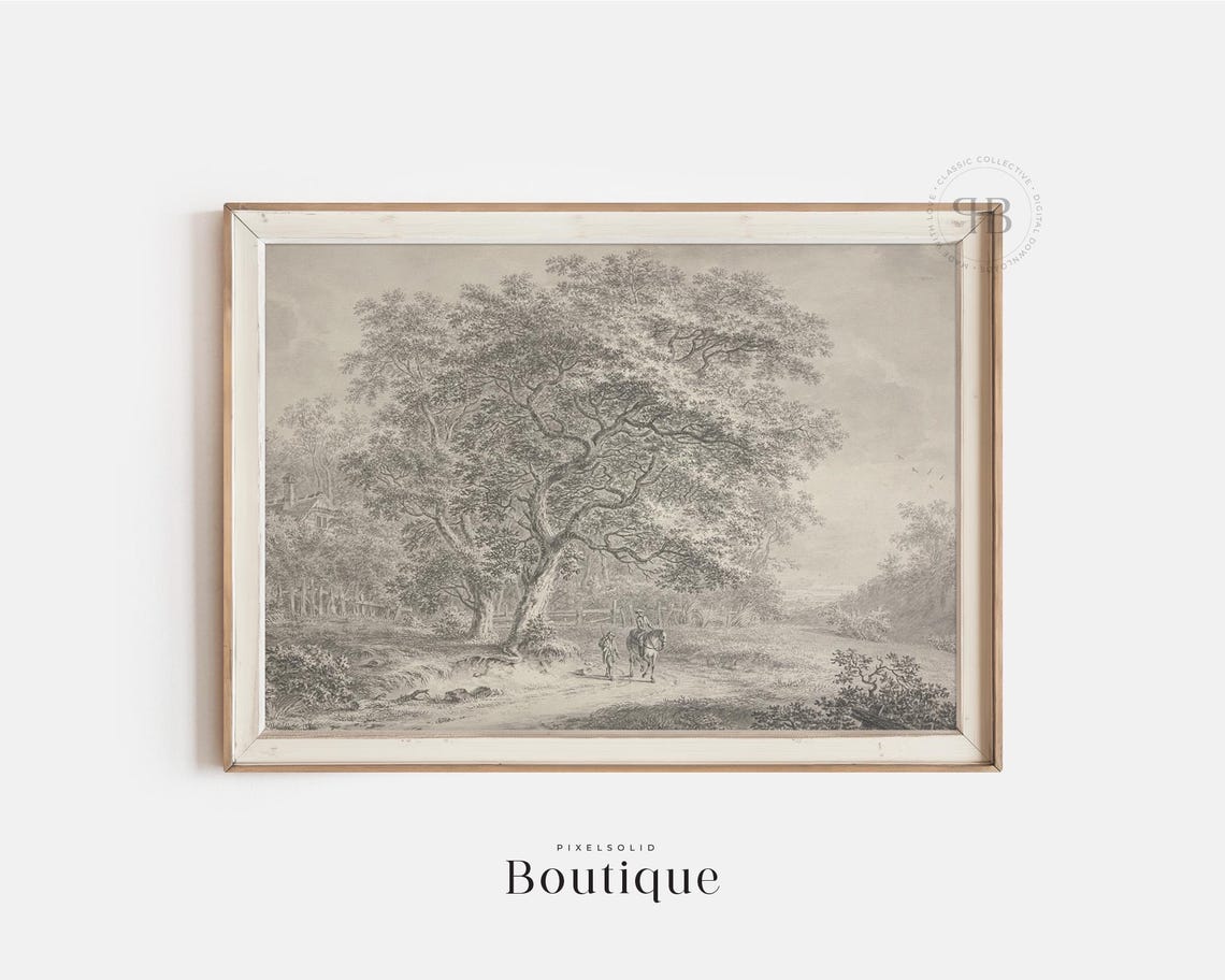 Vintage Country Path Landscape Sketch Horse Rider Trees Poster