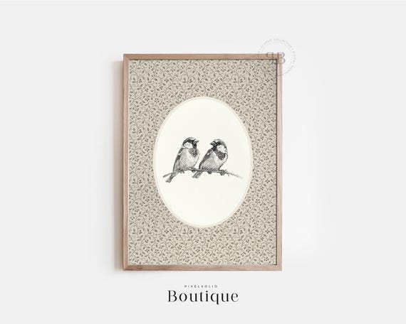 Sparrow Bird Sketch Print Botanical Ink Drawing Wall Art Rustic Farmhouse Beige Floral Background Vintage Style No764
