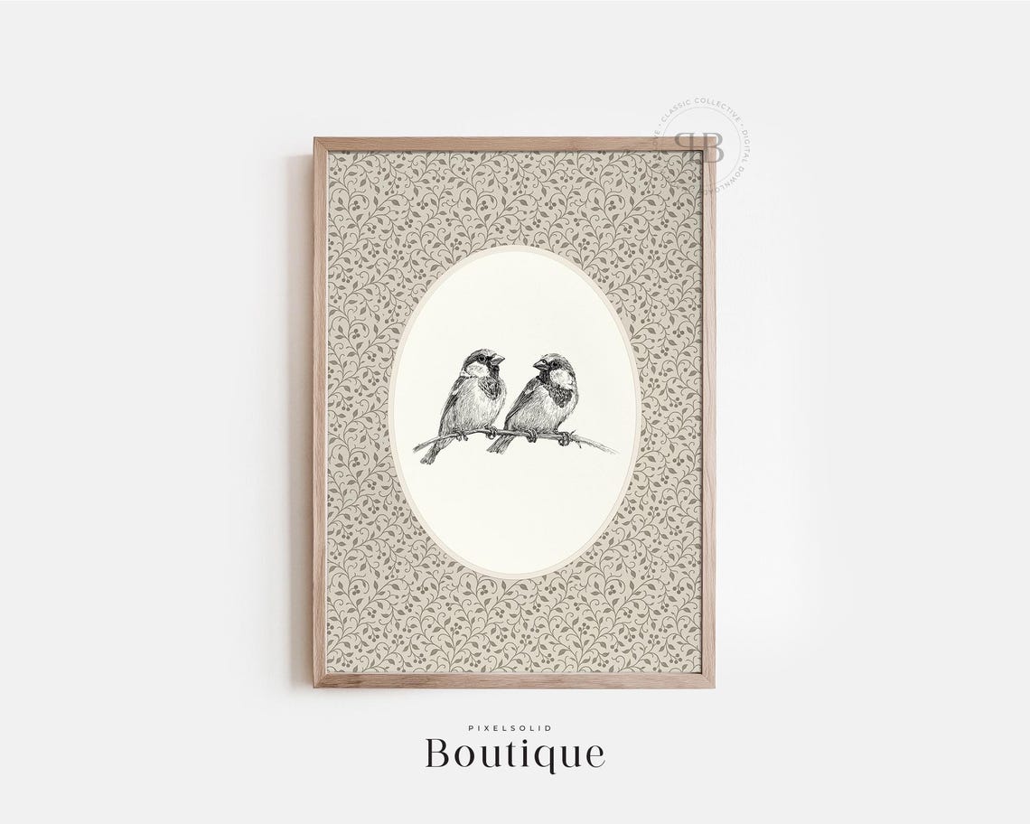 Sparrow Bird Sketch Print Botanical Ink Drawing Wall Art Rustic Farmhouse Beige Floral Background Vintage Style No764